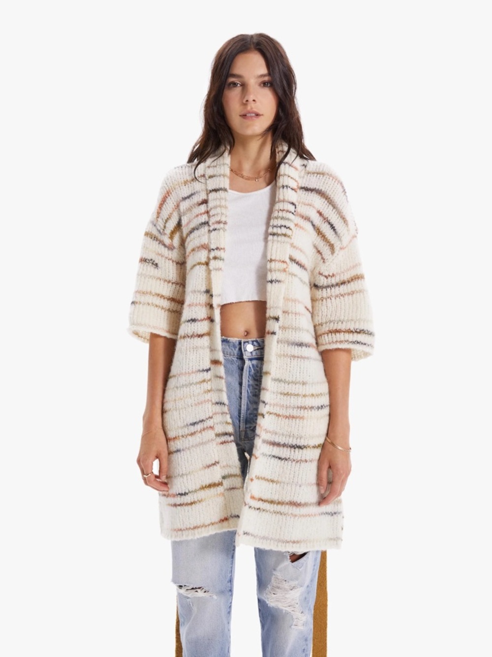 MOTHER the Drop Short Sleeve Hip Cream Open-Front Stripe Knit Cardigan